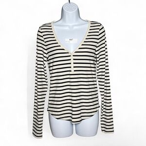 American Eagle Outfitters Black & Cream White Striped Long Sleeve Henley T Shirt